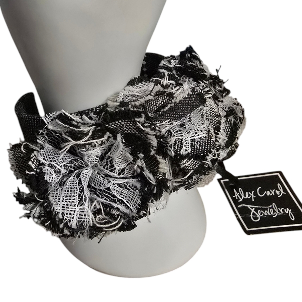 Alex Carol Gray Black and White Fabric and Lace Cuff Bracelet NWT